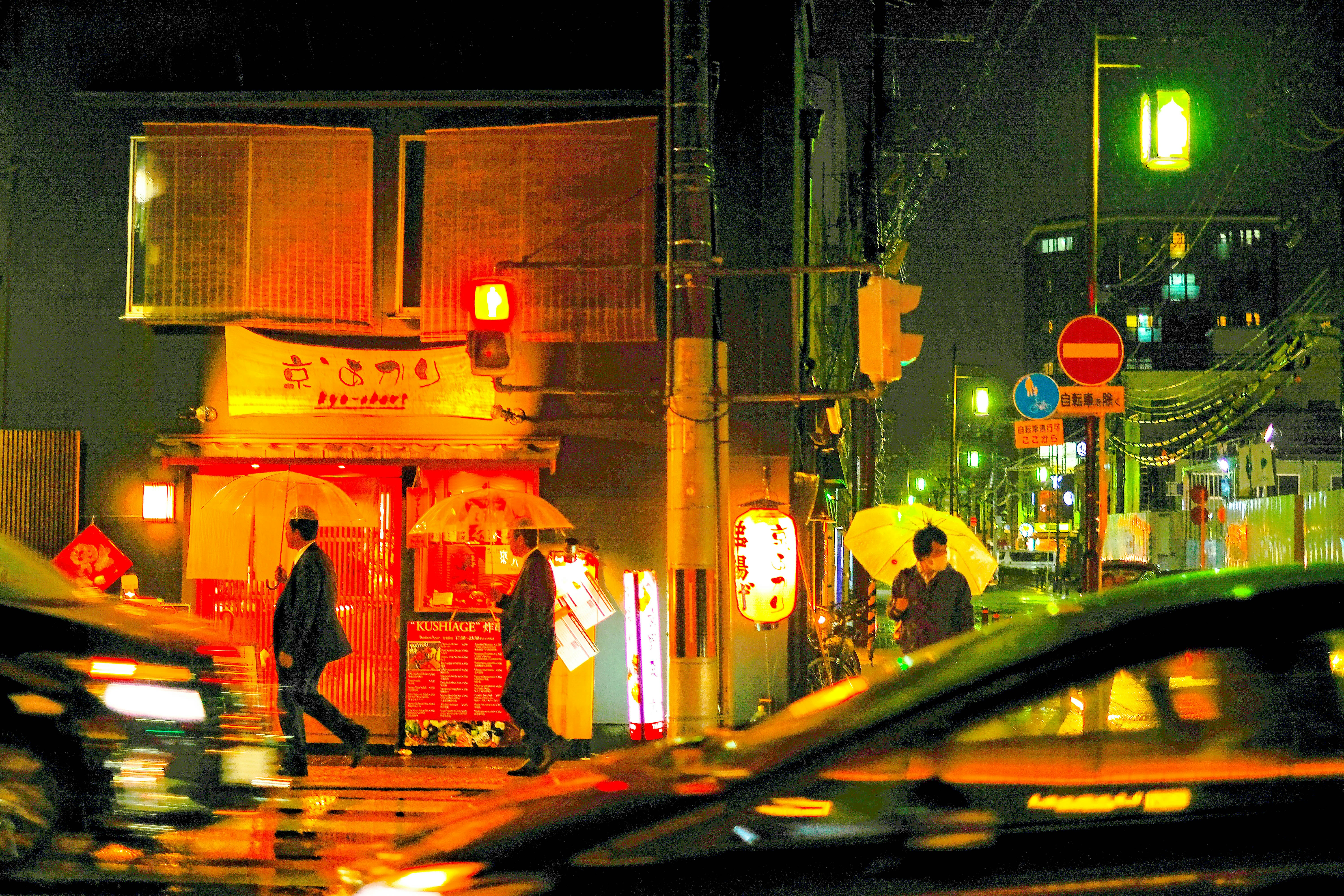 people walking on street holding umbrella under rain at nnight